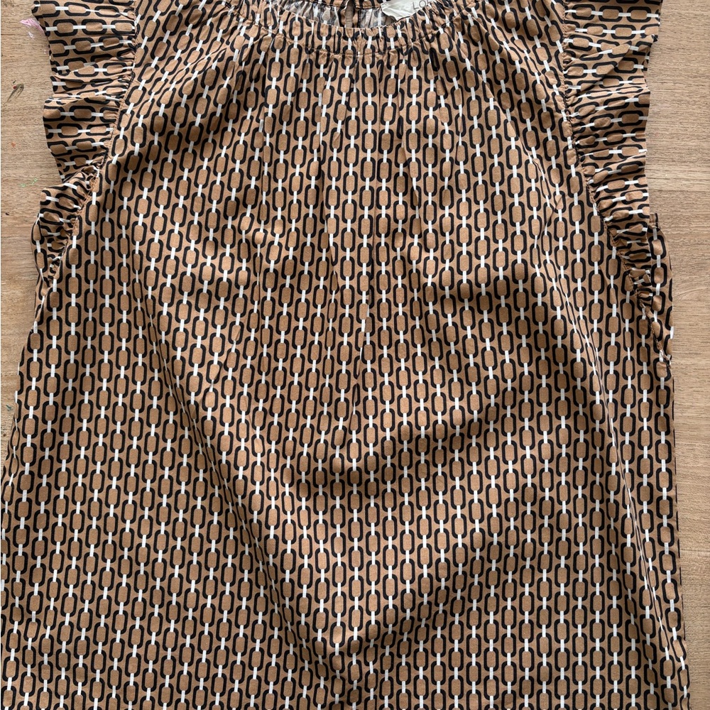 LOFT Brown & Black Geometric Ruffle-Sleeve Top
